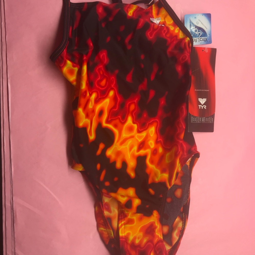 TYR swimsuit fire flames orange red one piece swim team sport lap pool vtg nwt